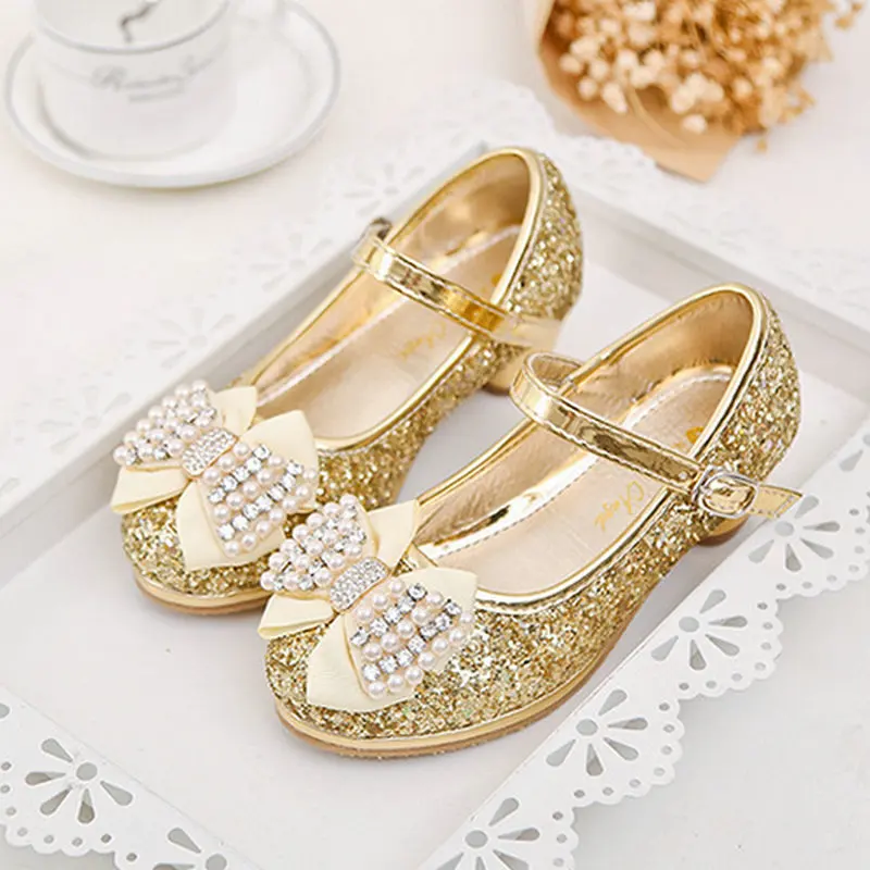 Блестящие кожаные туфли принцессы с бабочкой; обувь для девочек; кожаные туфли на высоком каблуке для малышей; детская обувь для вечеринки - Цвет: Золотой