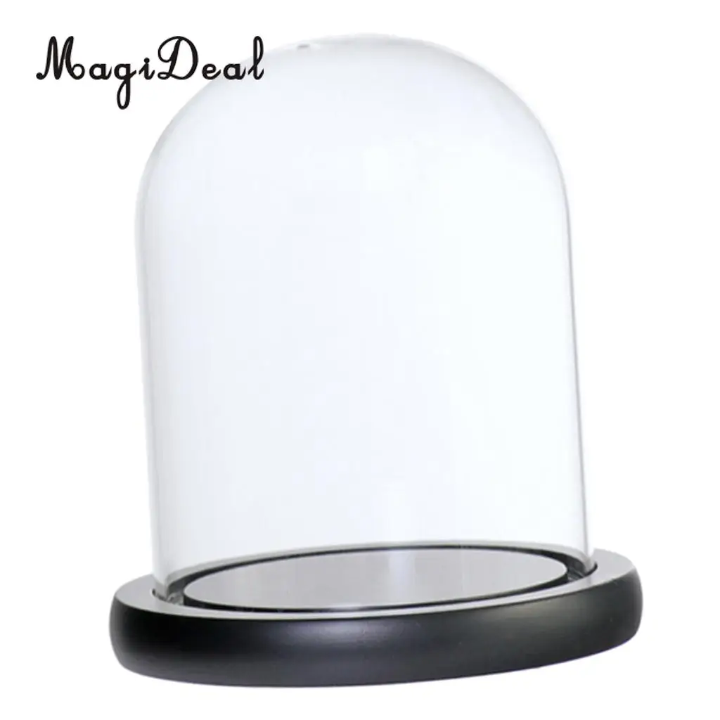 MagiDeal Glass Dome Cloche with Wooden Base Flower Landscape Holder Glass Cover Black G