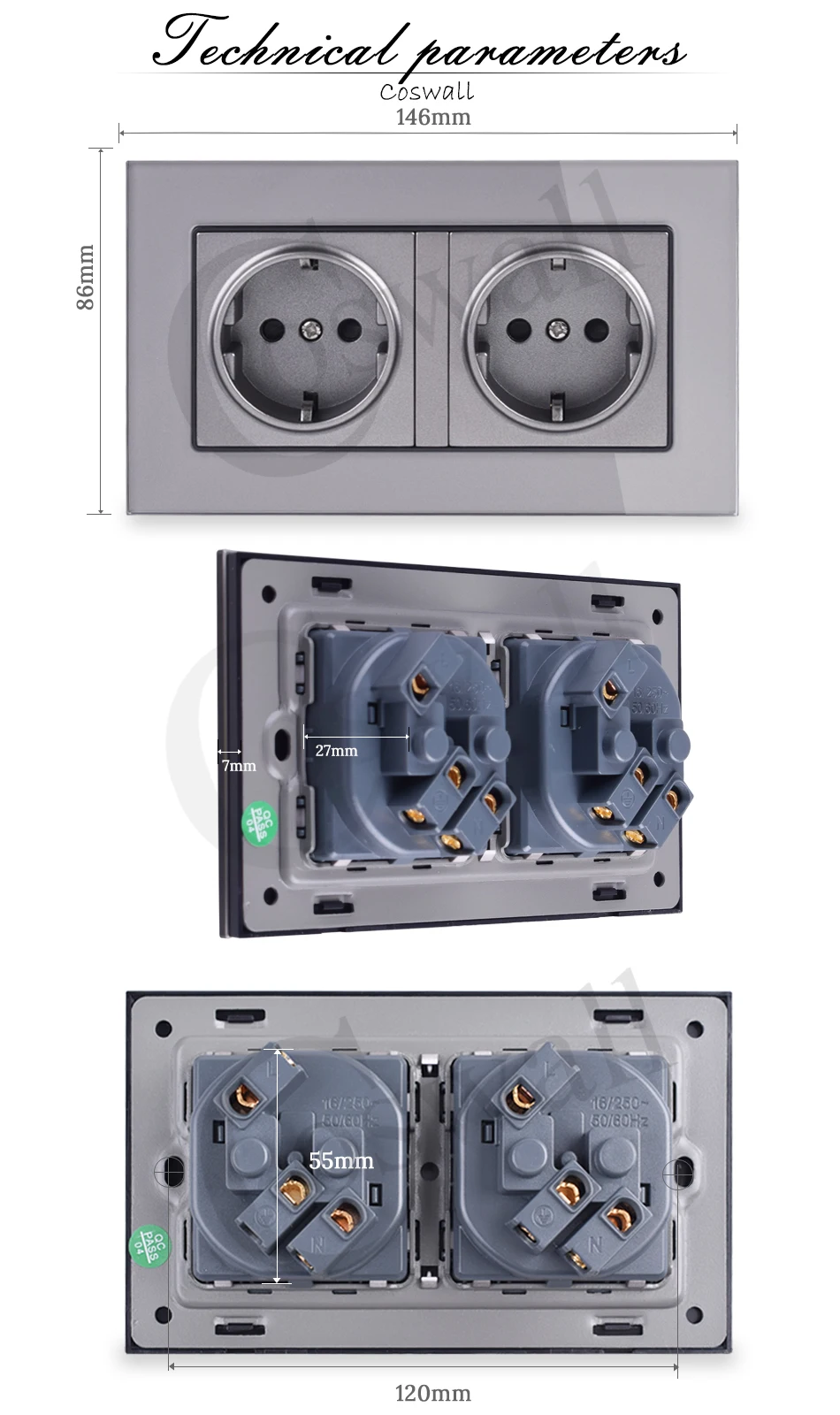 Coswall 16a dupla tomada de parede padrão