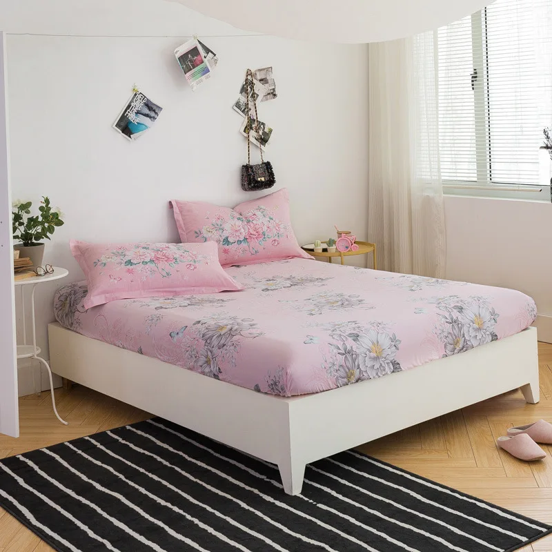 Pink Flowers Bedding Rubber Fitted Bedsheet with Elastic Bed Cover Winter Mattress Cover