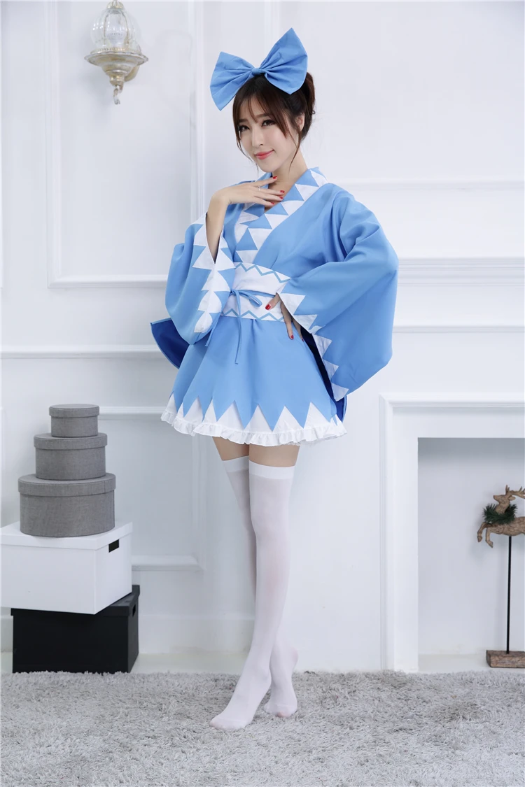 Touhou Project Cirno Кимоно костюмы косплей полный комплект синий халат (платье пояс