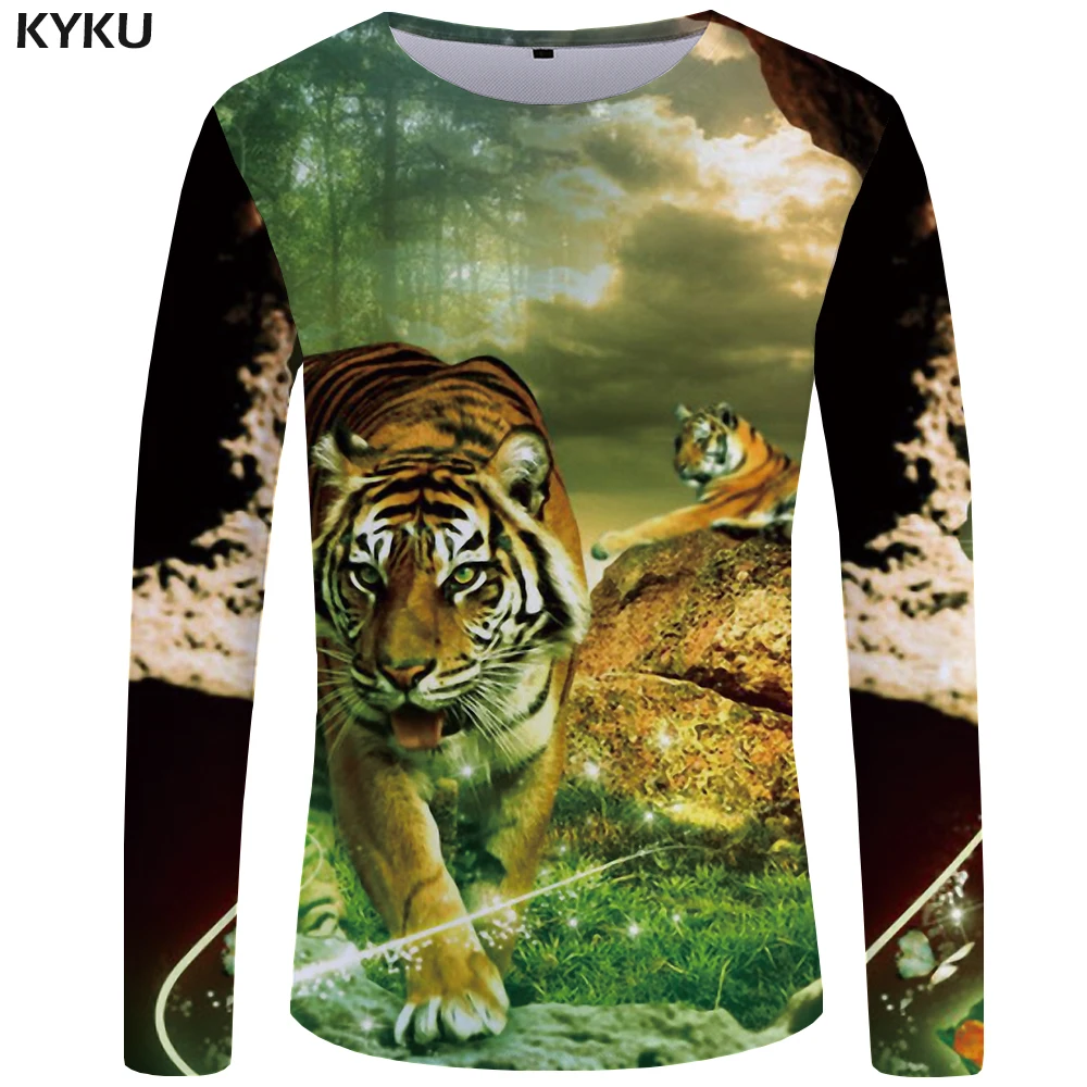 KYKU Tiger Футболка мужская футболка с длинным рукавом пламя Япония животное крутой принт панк забавная футболка s Рок мужская одежда короткий рукав