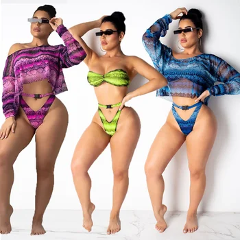 

Chiffon Swimwear 2019 Summer Women Hot Sale Snake Print Three Pieces Suits Set Brazilian Sexy Beach Cover Up Chiffon Beachwear