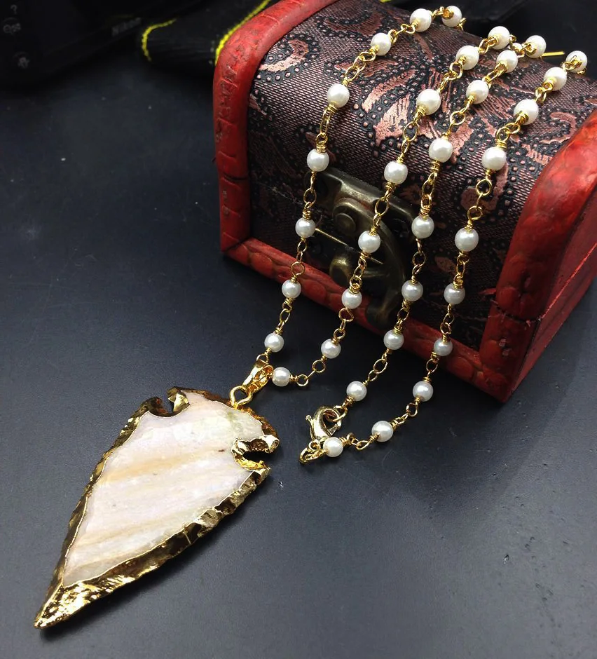 

YA2201 Arrow NaturalStone Pendant Pearl Color Beads Rosary Chain Handmade Necklace Choose 60cm ,80cm long