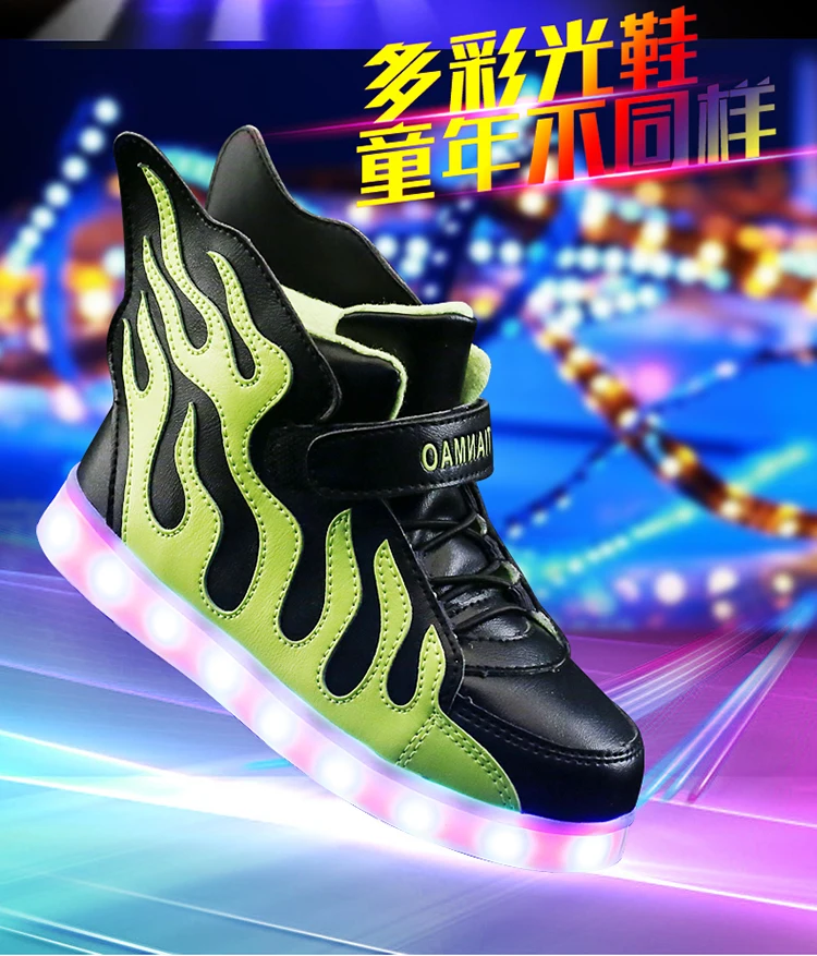 STRONGSHEN Green Kids Shoes with LED Lights Children Kids Sneakers with Wing Boys Girls Led Light Up Shoes USB Charging Warm extra wide children's shoes