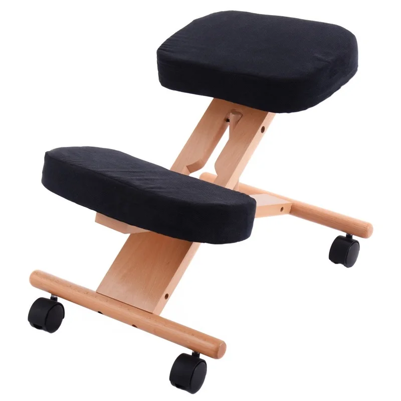 

Sturdy Wooden Frame Ergonomic Adjustable Kneeling Chair Thickly-padded Seat Alleviate Aches Pains Easily Move Casters HW52973