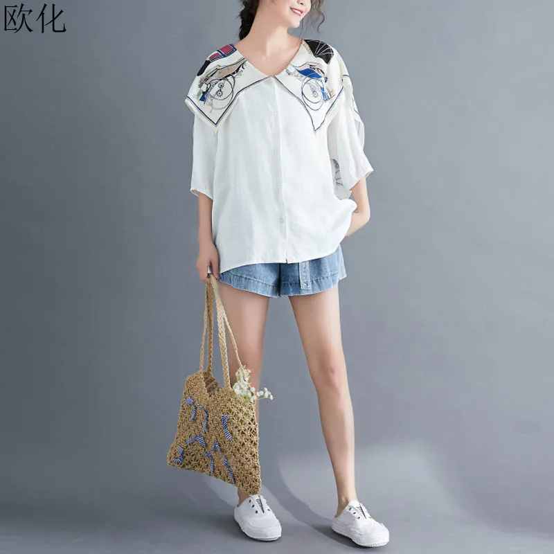 

Vintage Navy Collar Women Blouse Plus Size 4XL 5XL 6XL Linen Oversize Batwing Loose Casual Cotton Cardigan Shirt Roupa Feminina