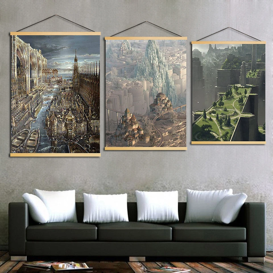 

Home Decor Canvas Print Wall Art Nordic Style Fantasy Skyscraper Scenery Painting Solid Wood Hanging Scrolls Living Room Poster