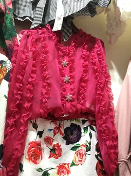 

2018 Special Offer Full Plus Size Vadim Blouse 2019 Spring New Women's Shirt Court Style Wooden Ear Rhinestone Chiffon Woman