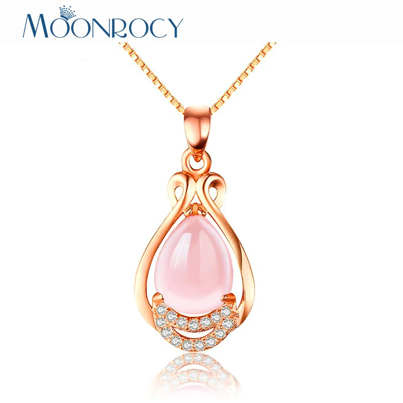 

MOONROCY Rose Gold Color Pink Opal Necklace CZ Pendant Choker Oval Ross Quartz for Women Girls Gift Drop Shipping Necklace