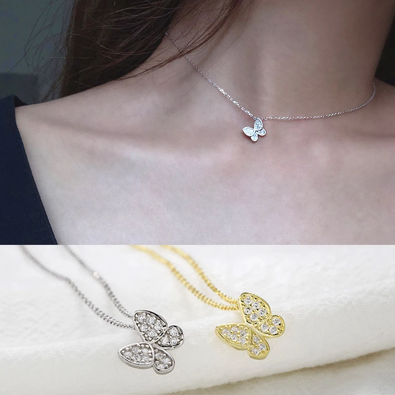 

Korean Beautiful Zircon Butterfly Choker Necklace 925 Sterling Silver Gold Animal Big Small Pendant Girl Necklace Luxury Jewelry