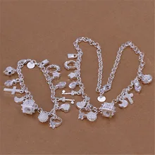 Christmas gift Pretty wedding silver plated fashion 13charms crystal pendant women party necklace bracelet jewelry Set S74