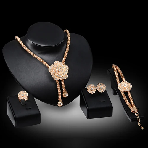 

2016 Wedding Flower Crystal Necklace Earring Ear Studs Bracelet Ring Jewelry Set AST4