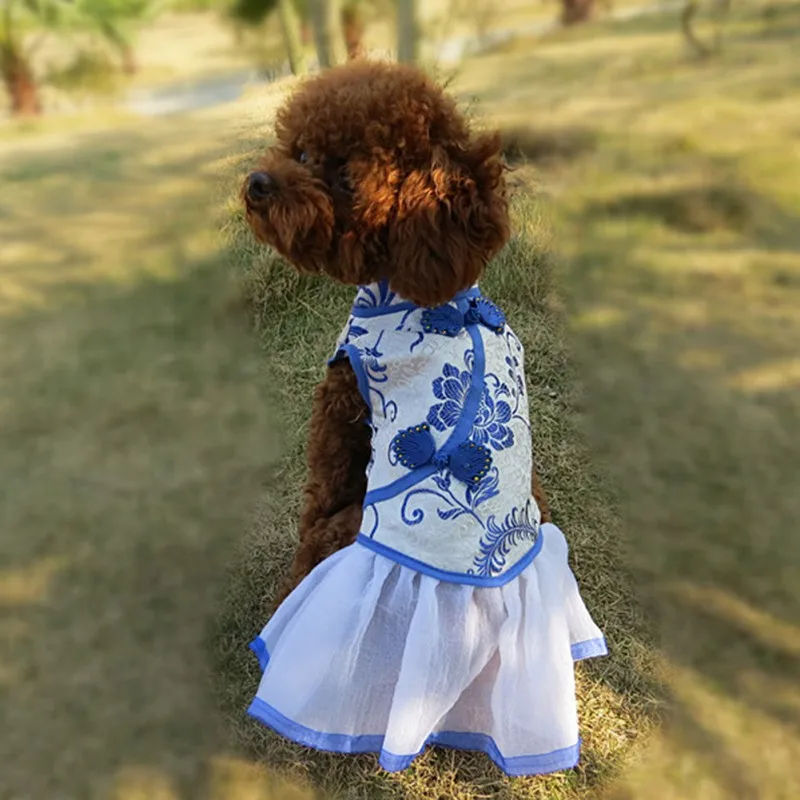 Летнее платье для собак Одежда для собак сине-белые анемоны Cheongsam платье для кошек из тюля платья для собак для маленьких средних собак
