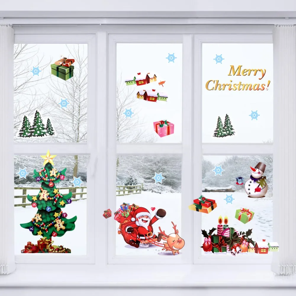 

OurWarm Christmas Window Stickers Glass Decals Merry Christmas Santa Claus Gift Christmas Tree PVC Wall Stickers for Kids Room