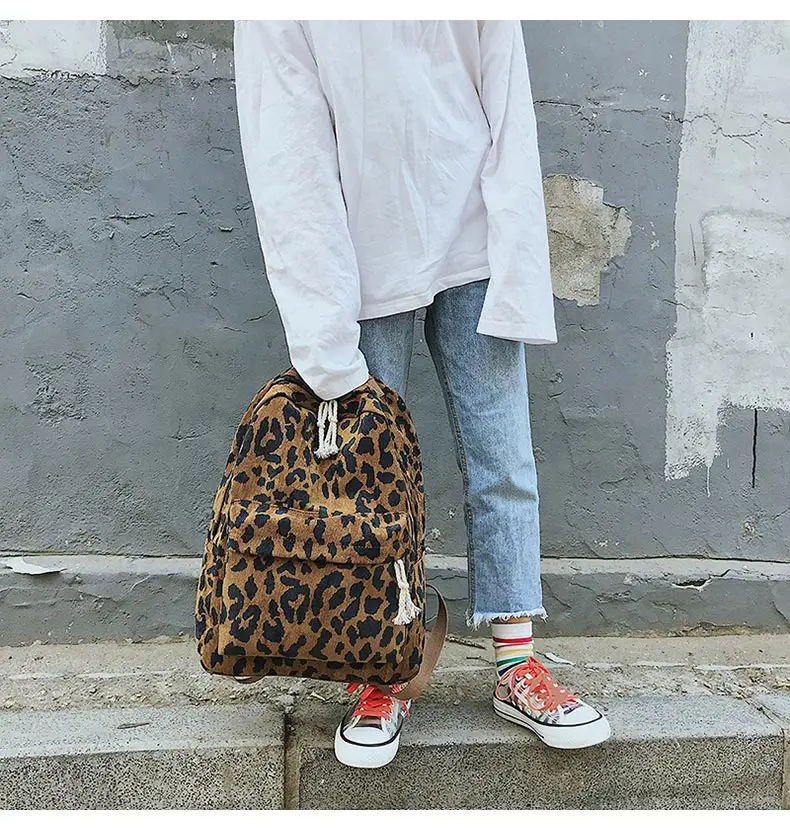 Модный женский рюкзак с леопардовым принтом вельветовый двойной ремень женский дорожный рюкзак большой емкости для девочек школьная