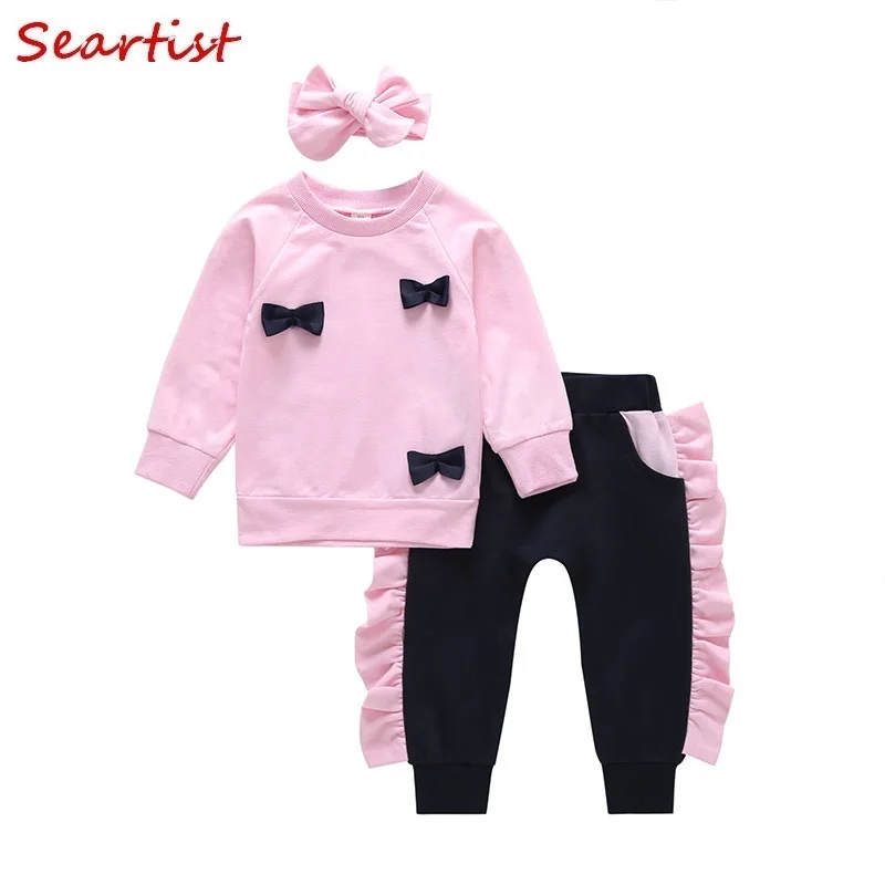 

Seartist Get Baby Girl Dress Baby Flowers Long Mouths Cats Top T -shirt + Long Broek + Headband 3 stks Pack Clothing 25C