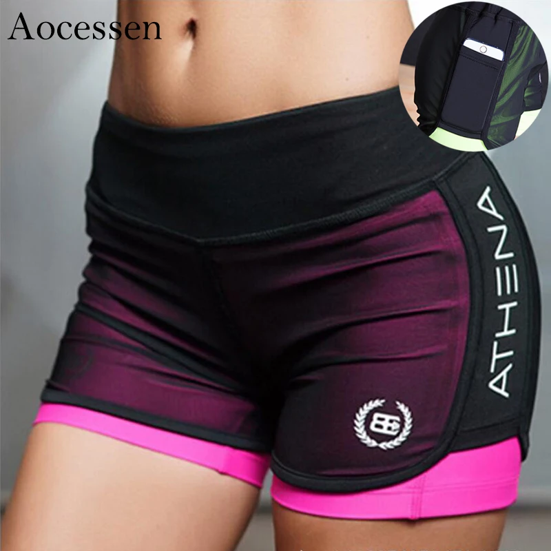 

Aocessen women's sports fitness gym breathable mesh Yoga shorts pockets mention hip shorts sexy 2 In 1 running sports shorts
