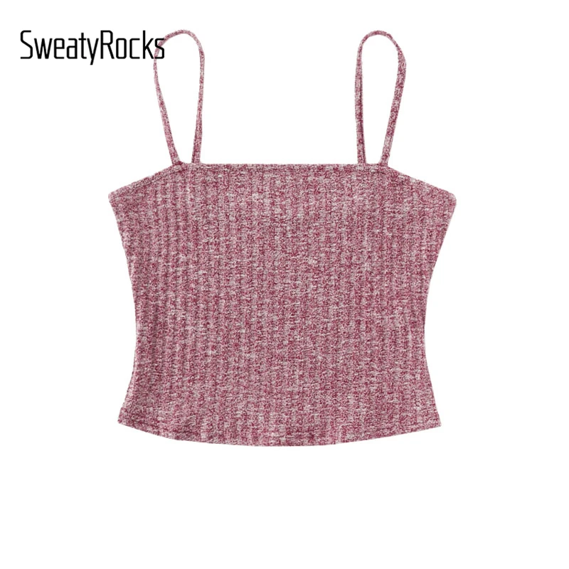 SweatyRocks Rib Knit Marled Cami Top бордовый Повседневный простой женский топ с бретельками Slim Fit Crop Camisole