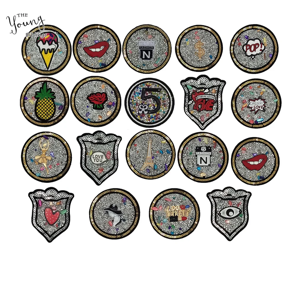 

Beautiful Rhinestone Mixture Iron on badges for Clothing Sequin Fabric Sew Applique DIY Lips POP Flower Stickers Accessories