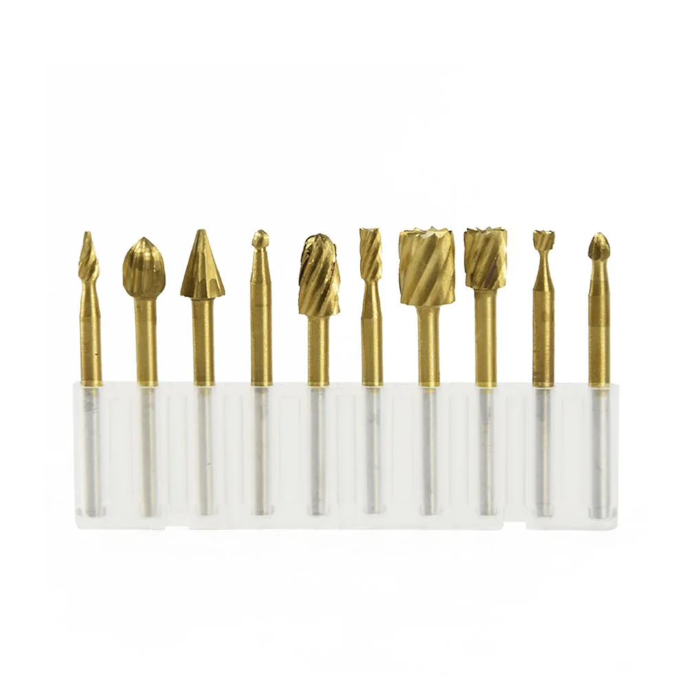 

10pcs/lot Titanium Coated HSS Routing Rotary File Cutter Burrs Set Corn Milling Cutter Router Woodworking Tool Engraving Bits