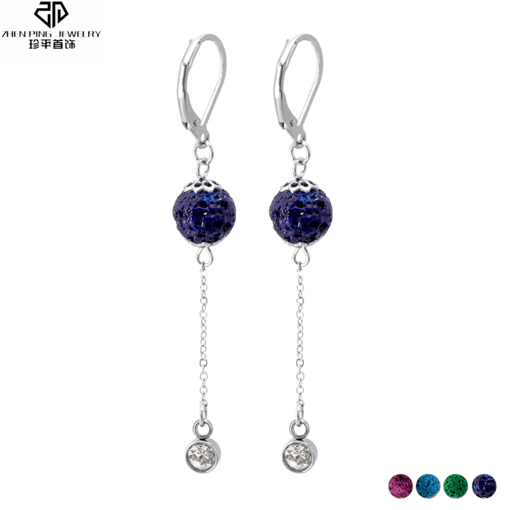 

Colored Volcanic Stone Drop Earrings Crystal Charm Stainless Steel Jewelry Essential Oil Diffuser Lava Bead Dangle Earrings