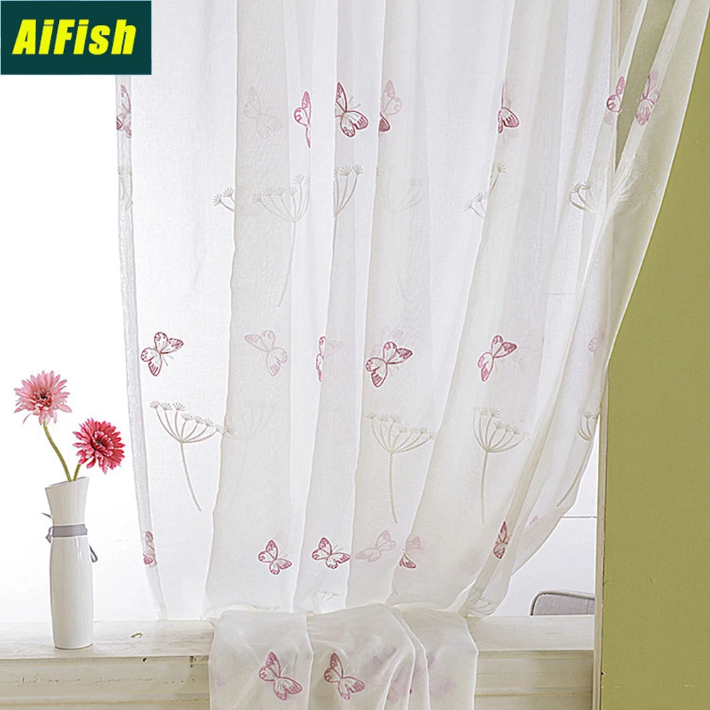 White Sheer Panel Pink Butterfly Embroidery Curtain Tulle for Sliding Glass Door