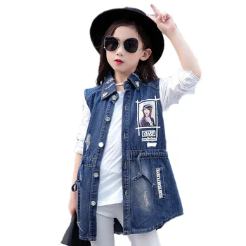 

Hole Girls Denim Vest 4-13Y Cartoon Print Long Kids Cowboy Vest Waistcoat Sleeveless Jean Jacket Drawstring Children Outerwear
