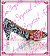 fashion low heel custom made red flower pattern women crystal rhinestones dress shoes