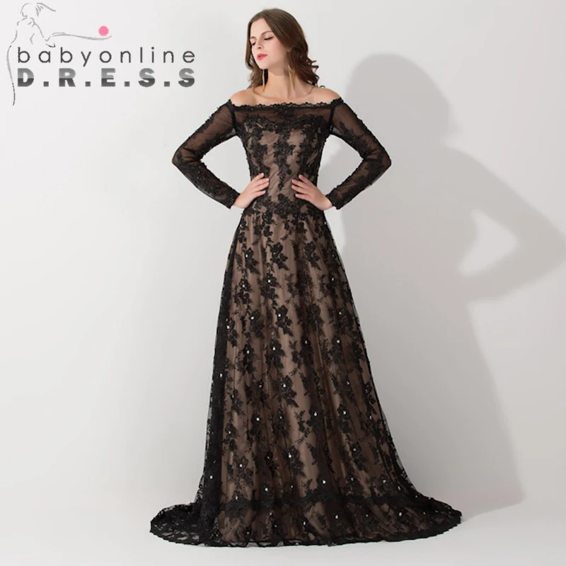 Middle East Black Lace Muslim Arabic Evening Dress Long Sleeve Boat Neck Kaftan Dubai Evening Gown with Train Robe de Soiree Middle East Black Lace Muslim Arabic Evening Dress Long Sleeve Boat Neck Kaftan Dubai Evening Gown with Train Robe de Soiree