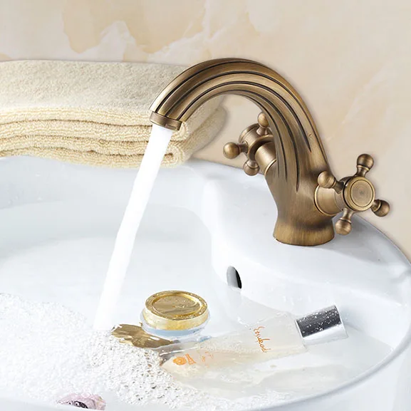 

Classic style antique brass water tap bathroom faucet basin sink mixer cold&hot water dual handle single hole