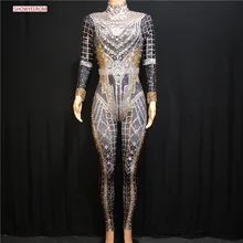 Модный растягивающийся комбинезон со стразами из спандекса, сексуальные Легинсы со стразами, цельный женский сценический наряд для ночного клуба или бара