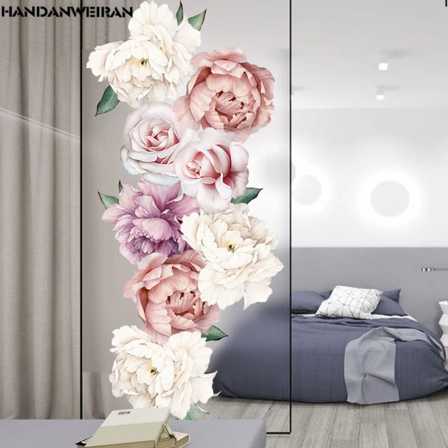 Decalcomania Flower Wall Decals - Set of 19 Pink White Rose Floral Bouquet  Wall Stickers for Nursery Bedroom Living Room Decor Removable Peel and