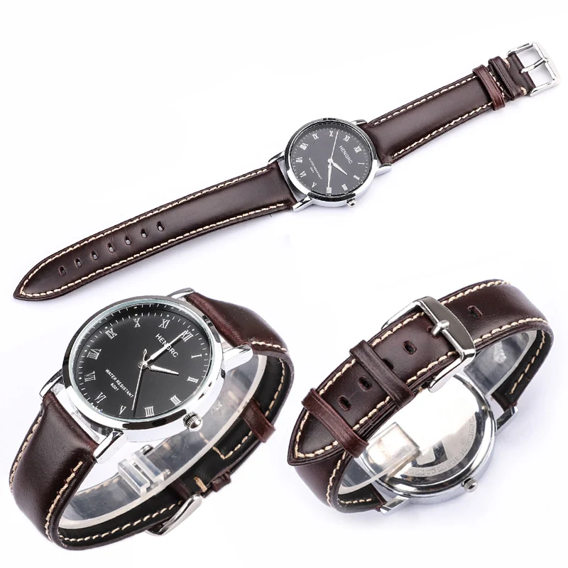 Elegant Genuine Leather Watch Band Strap – Black & Dark Brown with Polished Buckle