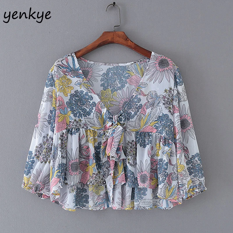 Crop Top 2019 Women Vintage Floral Print Boho Blouse Female Front Knot V Neck Three-Quarter Sleeve Casual Summer Tops Plus Size |