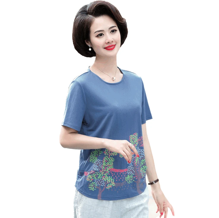 

middle age women printed short sleeve tops 2019 summer new 3xl 4xl 5xl plus size mother o-neck t shirt pullover bottoming shirt