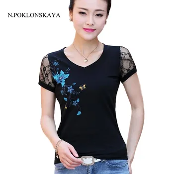 

N.POKLONSKAYA Plus Size T-shirt Women Tops Summer 2020 Lace Floral Print Short Sleeved Tee Shirt Casual Female T Shirt 4XL,5XL