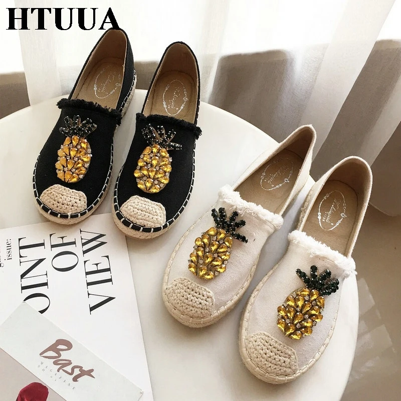 

HTUUA 2019 Women Flats Espadrilles Crystal Pineapple Hemp Fisherman Shoes Ladies Rhinestone Loafers Casual Canvas Shoes SX3003