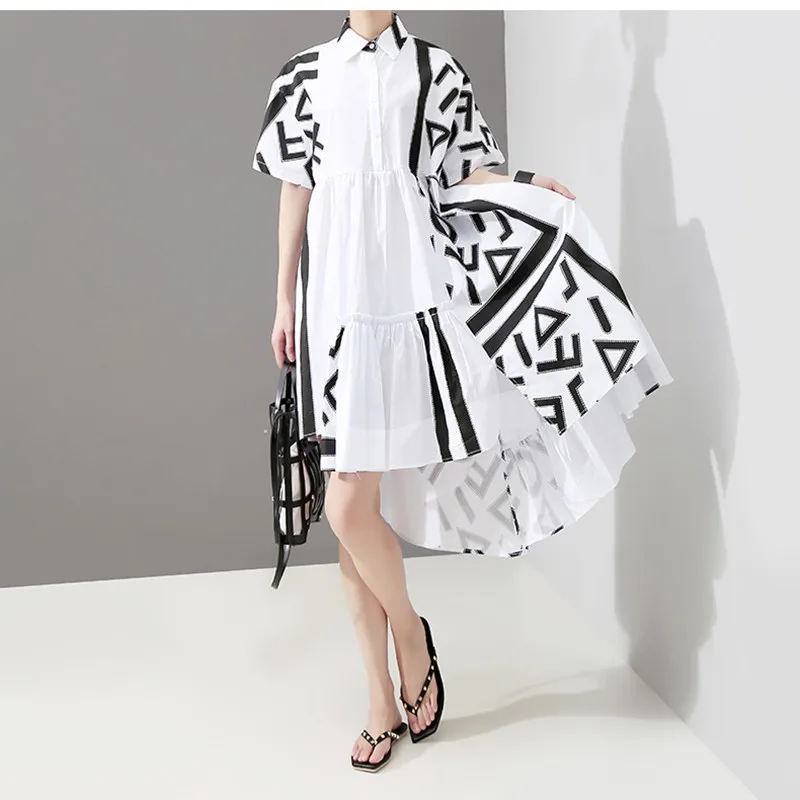 

Luxury Designer Brand Dress for Women Black White Geometric Printed Ruffles Loose Irregular Dress