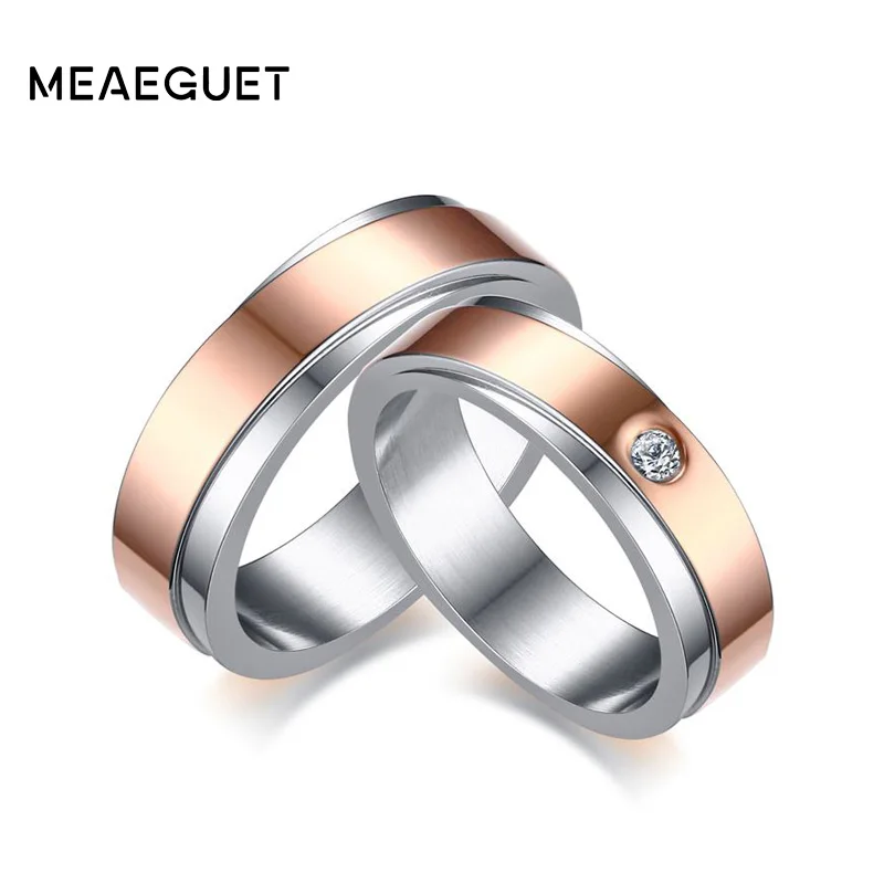 

Meaeguet Rose Gold Color Romantic Lover's CZ Rings For Engagement Party Jewelry Wedding Bands