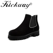 Kickway 2018 Vaca Suede Mulheres Botas de Inverno Sapatos Quentes Botas Feminina Feminino Ankle Boots Moda Motocicleta Mulheres Botas Mujer34-42