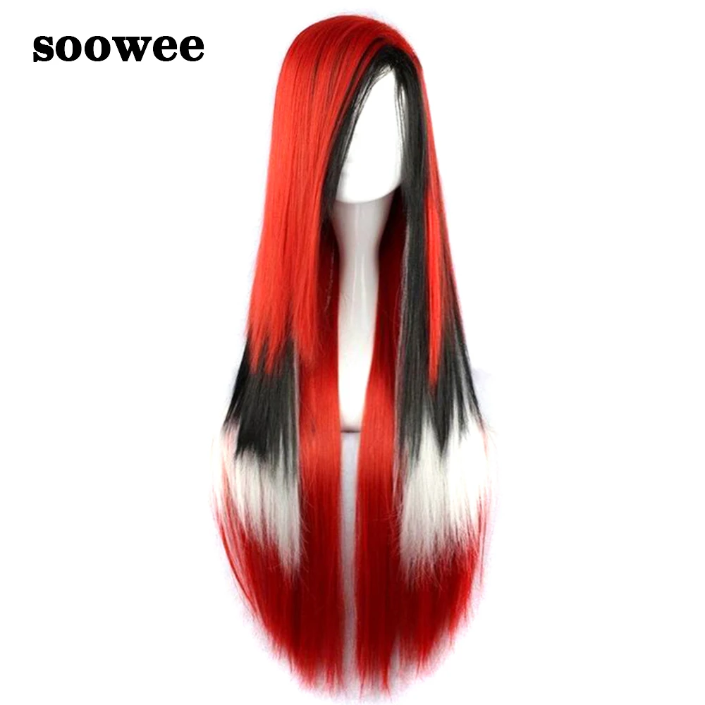 

Soowee 28inch Long Synthetic Hair Wigs for Women Heat Resistance Fiber Party Hair Red Black White Rainbow Hair Cosplay Wig