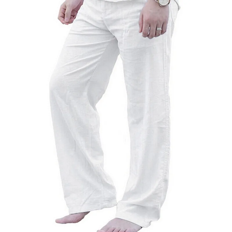 MJARTORIA, новинка, высокое качество, мужские летние повседневные штаны, натуральный хлопок, лен, брюки, белые, льняные, эластичный пояс, прямые мужские штаны - Цвет: White 1