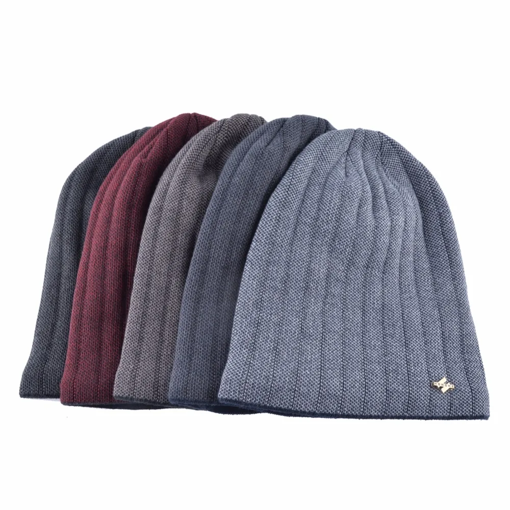 Winter Knitted Beanie Hat For Man Double Layer Warm Kniting Striped Bonnet Caps Male Thick Add Velvet Skullies Beanies Men Gorro