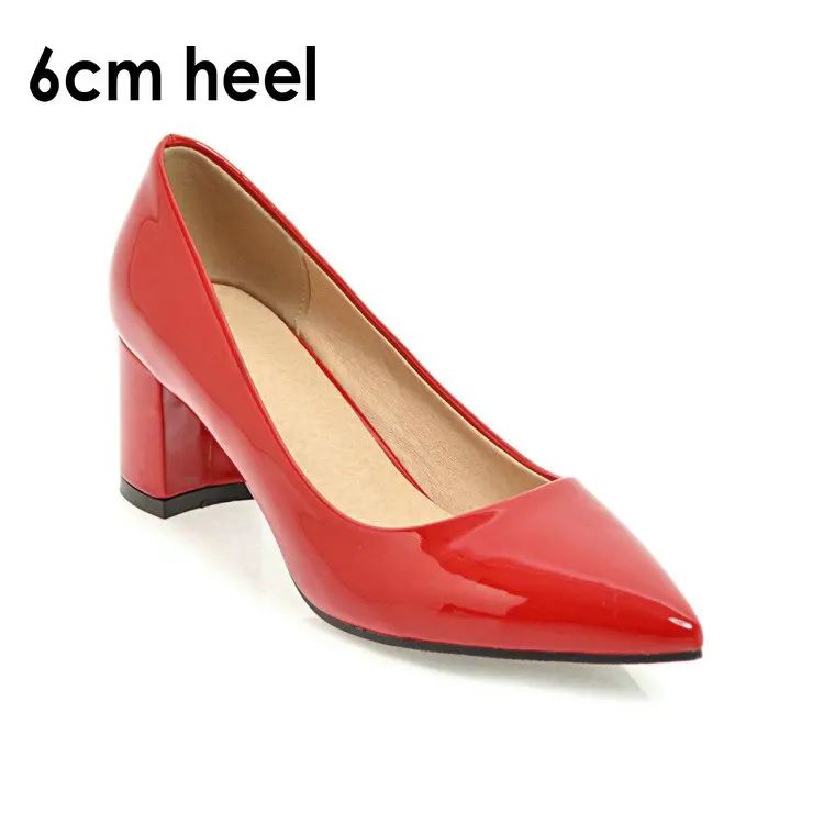 Hisdern лакированной PU искусственной кожи 2,5/6/8,5 см Женская обувь Для женщин женские туфли-лодочки офисные туфли с острым носком слипоны весенние туфли-лодочки на высоком каблуке; большие размеры 42 43, желтого цвета - Цвет: red-6cm heel