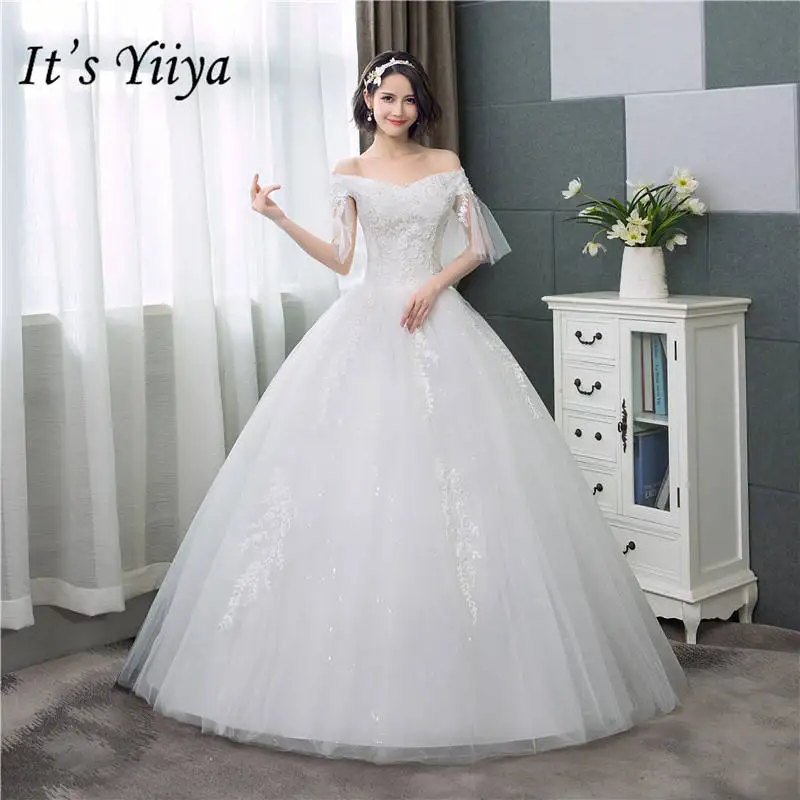 

It's YiiYa Wedding Dress New Boat Neck Wedding Dresses Simple Off White Lace Sleeve Bride Gowns Floor-length De Novia HS290
