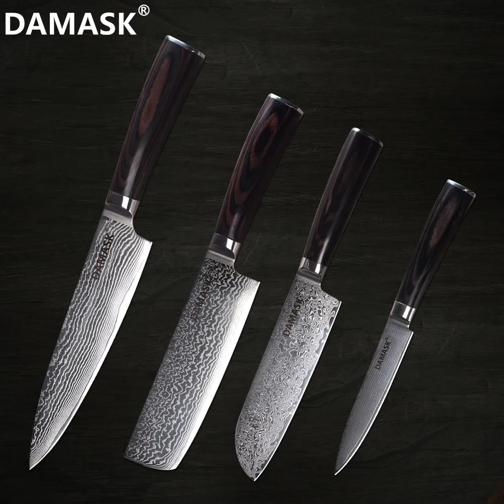 

DAMASK Damascus Knife Set 4 PCS Ultra Sharp VG10 Damascus Steel Kitchen Knive Set Chef Santoku Chopping Utility Knife Japan Cook