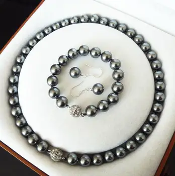 

10mm Black Shell Pearl Round Beads Necklace Bracelet Earrings Set AAA