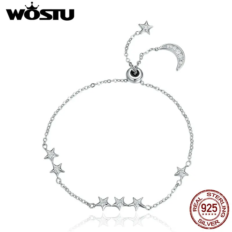 WOSTU новый браслет из настоящего серебра 925 пробы с Луной и звездами регулируемый