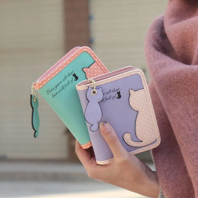 2016 Brand New Lovely Cat Printed Wallet Female Leather Small Change Clasp Purse Money Card Holder Carteras Girls wallets Purses